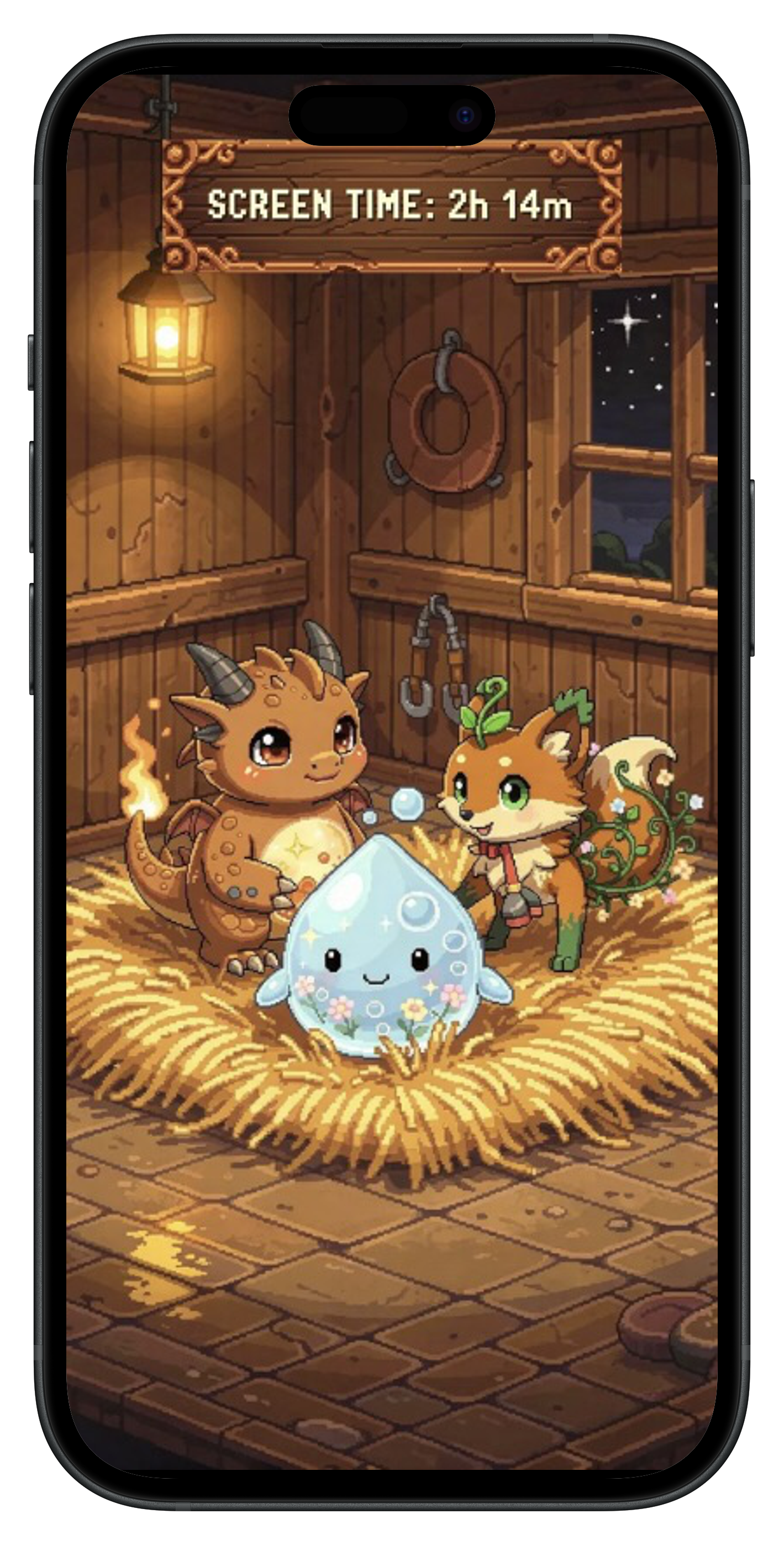 App mockup showing a fantasy creature in a cozy garden