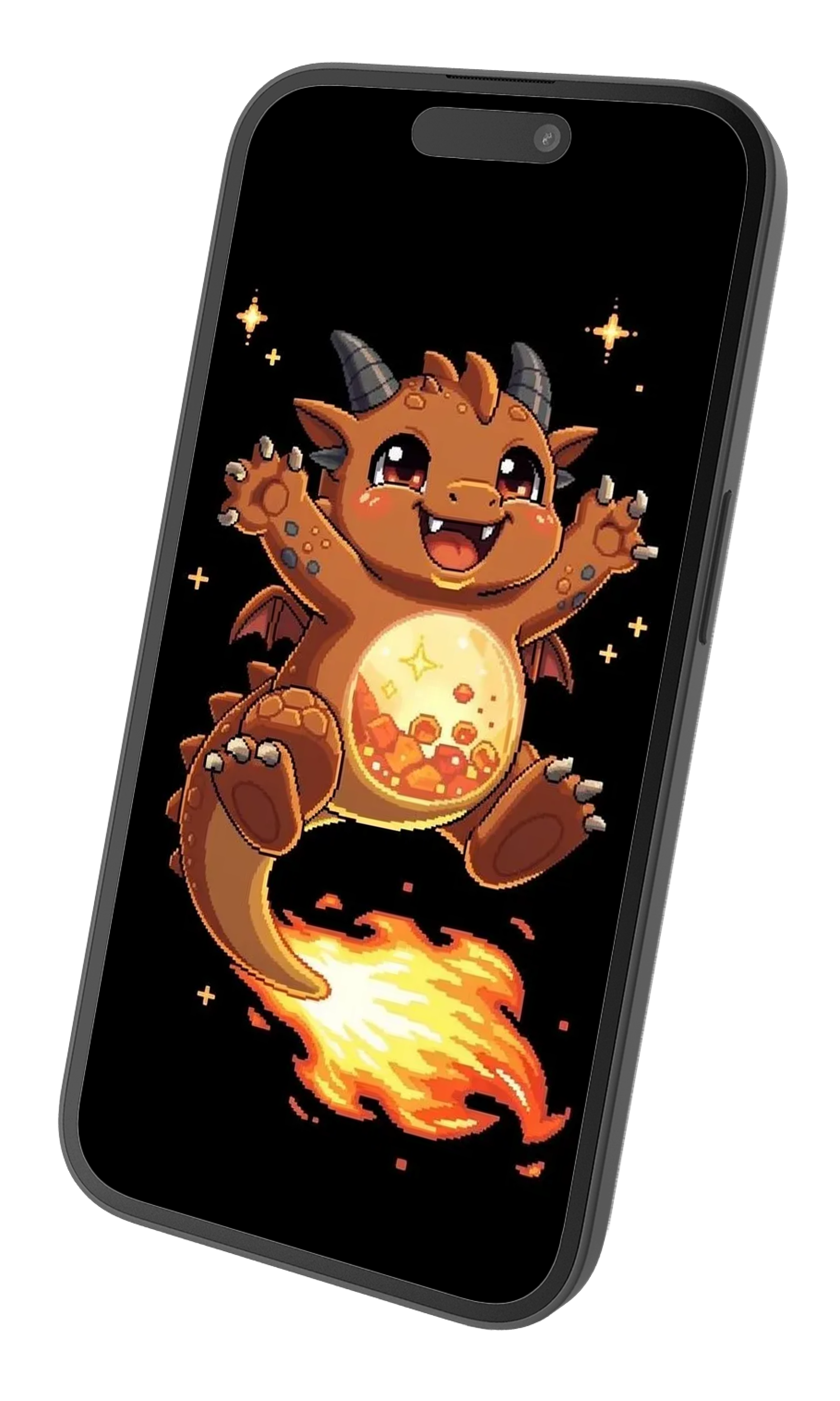 Phone mockup showing a thriving emberling creature
